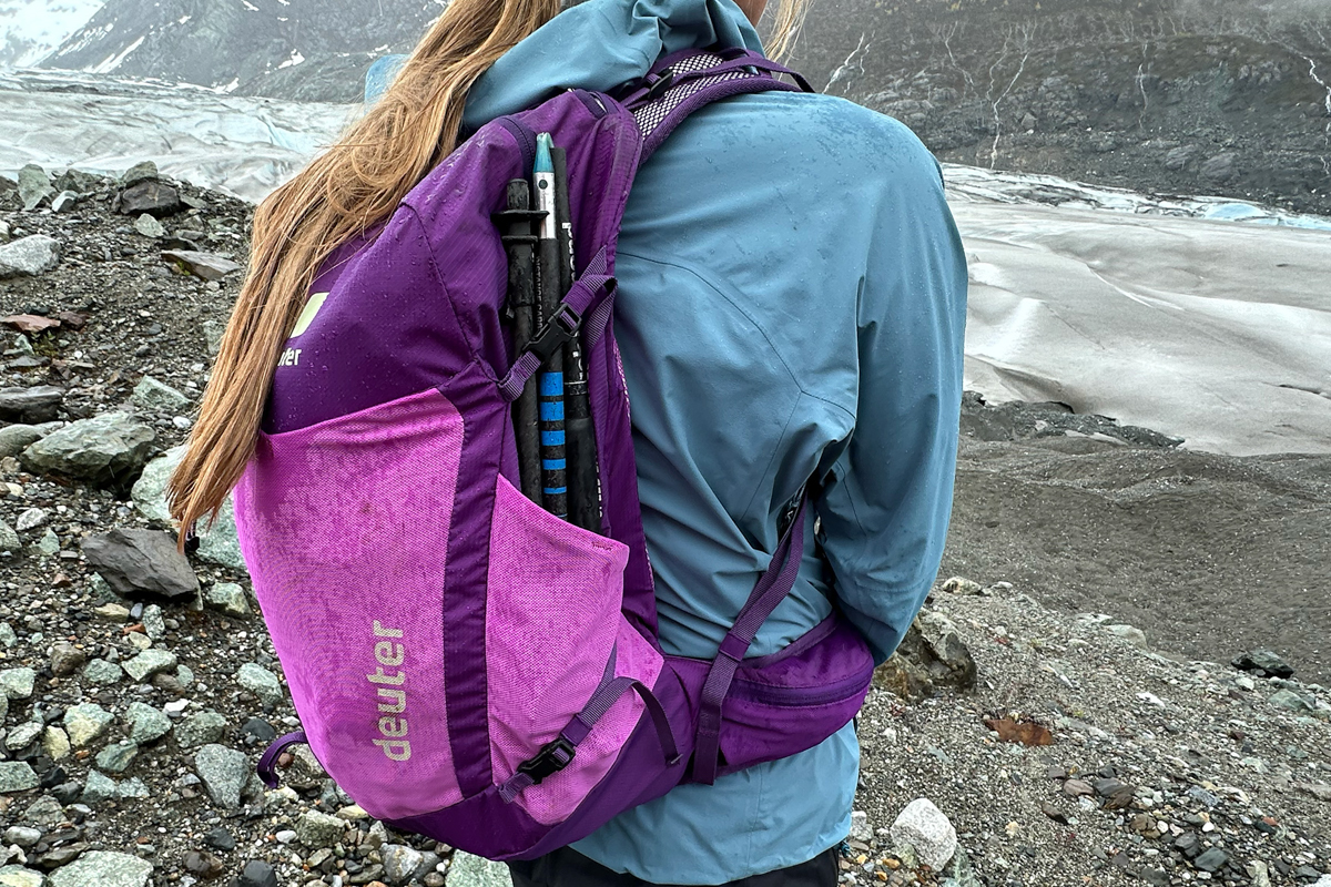 Close up of the side of a purple daypack